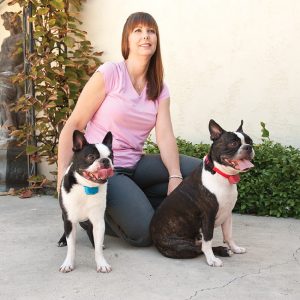 A woman using static shock stimulation for her two dogs